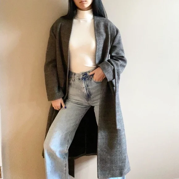 Zara wool belted coat herringbone check print grey - Picture 3 of 7